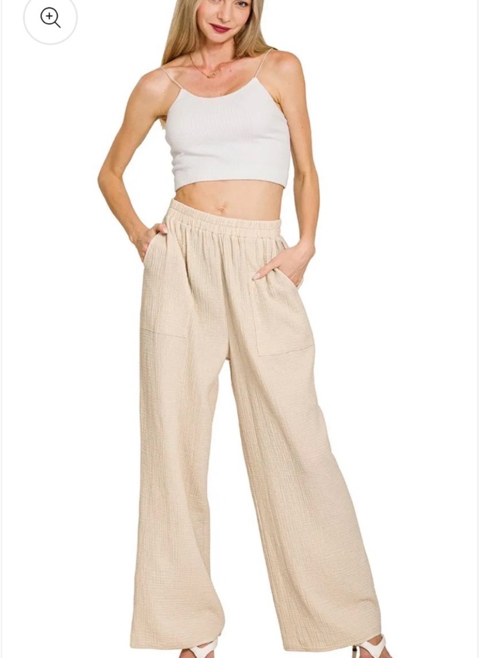Zenana Double Gauze Loose Fit Elastic Waist Pant Size Small SAND BEIGE S-M-L
